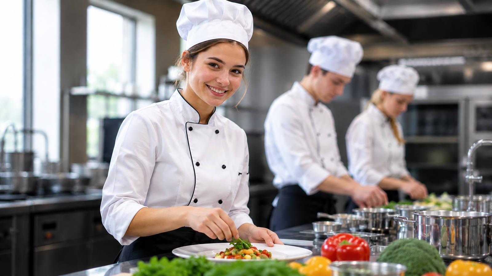 Schüler einer Südtiroler Berufsschule während einer praktischen Übung in der Lehrküche mit professioneller Kochbekleidung